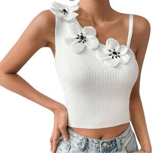 Women’s Flower 3D Asymmetrical Ribbed Tank Top